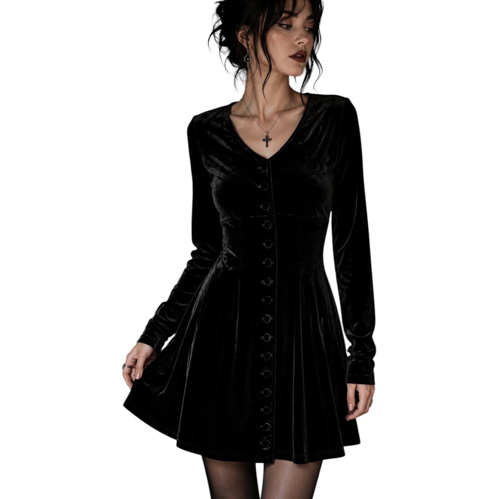 Vintage Whimsigoth Black Velvet Button Down Long Sleeve Mini Dress Gothic M